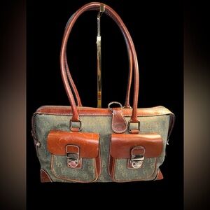 Dooney & Bourke Vintage Dark Green Fabric & Brown Leather Satchel Purse Key Fob